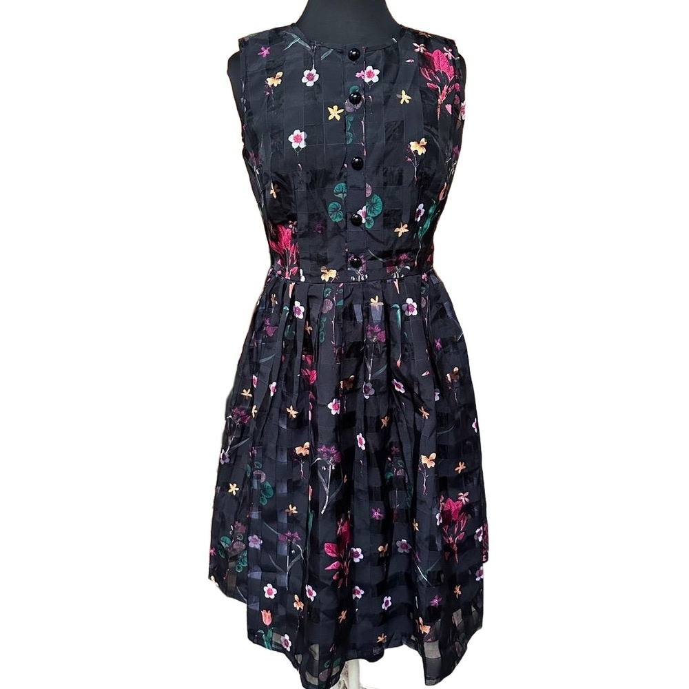 Black Floral Print Pleated Skirt Button Front Sleeveless Dress Large - Picture 1 of 16
